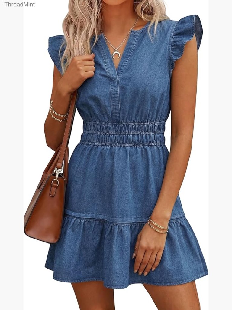 Denim Mini Dress With Pockets, Ruffle Sleeves, Empire Waist, A-Line